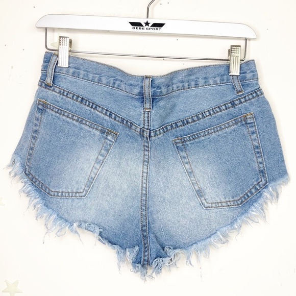 SIGNATURE 8 medium button fly distressed keep it brief micro denim shorts - Picture 8 of 9